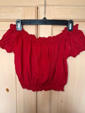 Red Off-Shoulder Smocked Crop Top